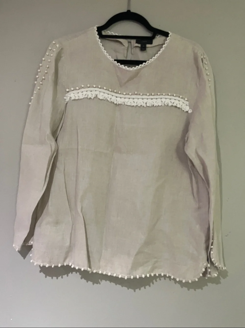 J.Crew Linen Pom-Pom Fringe Long Sleeve Blouse